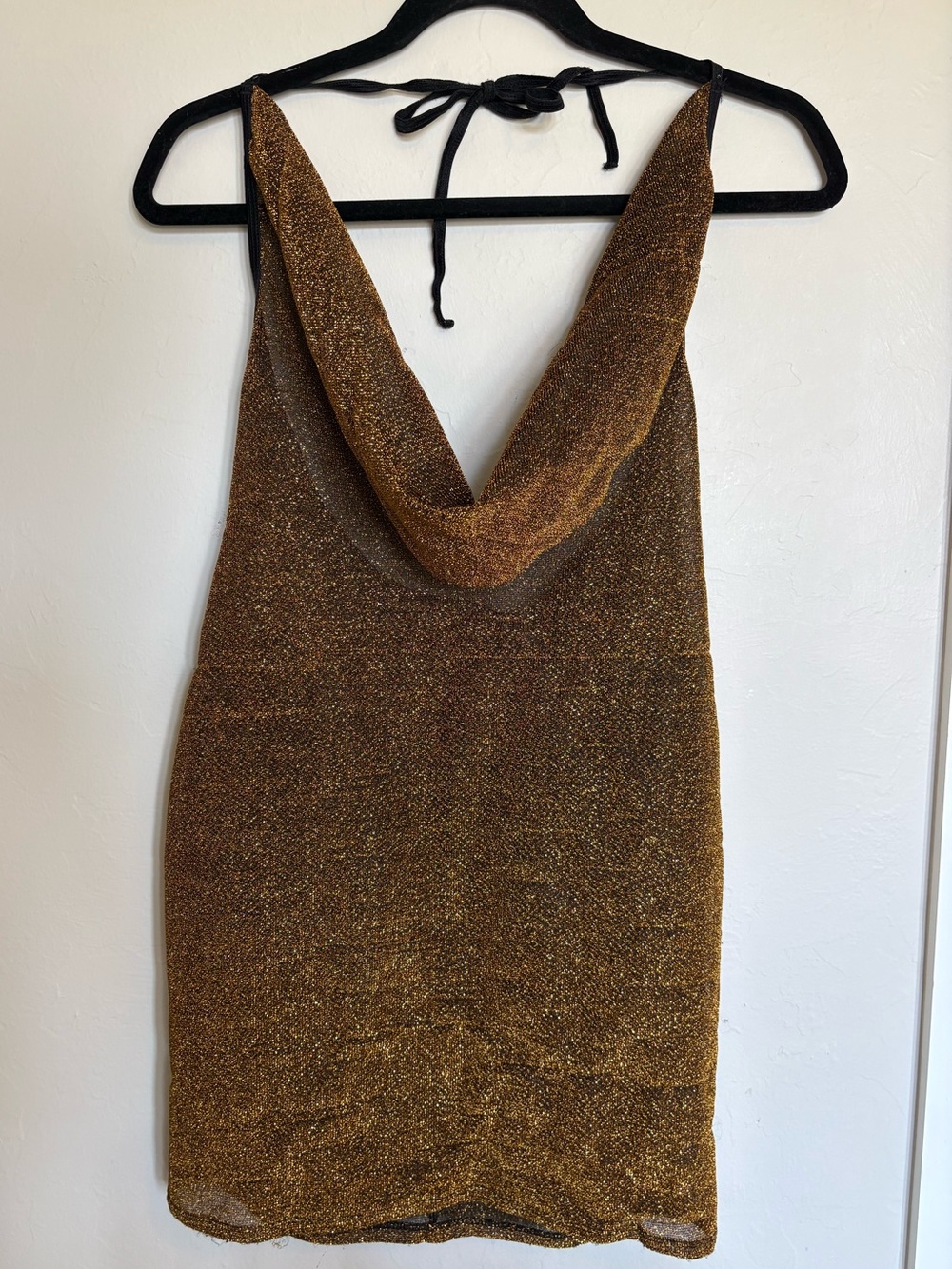 Escante Collection Gold Shimmer Cowl Neck Halter Tie Dress